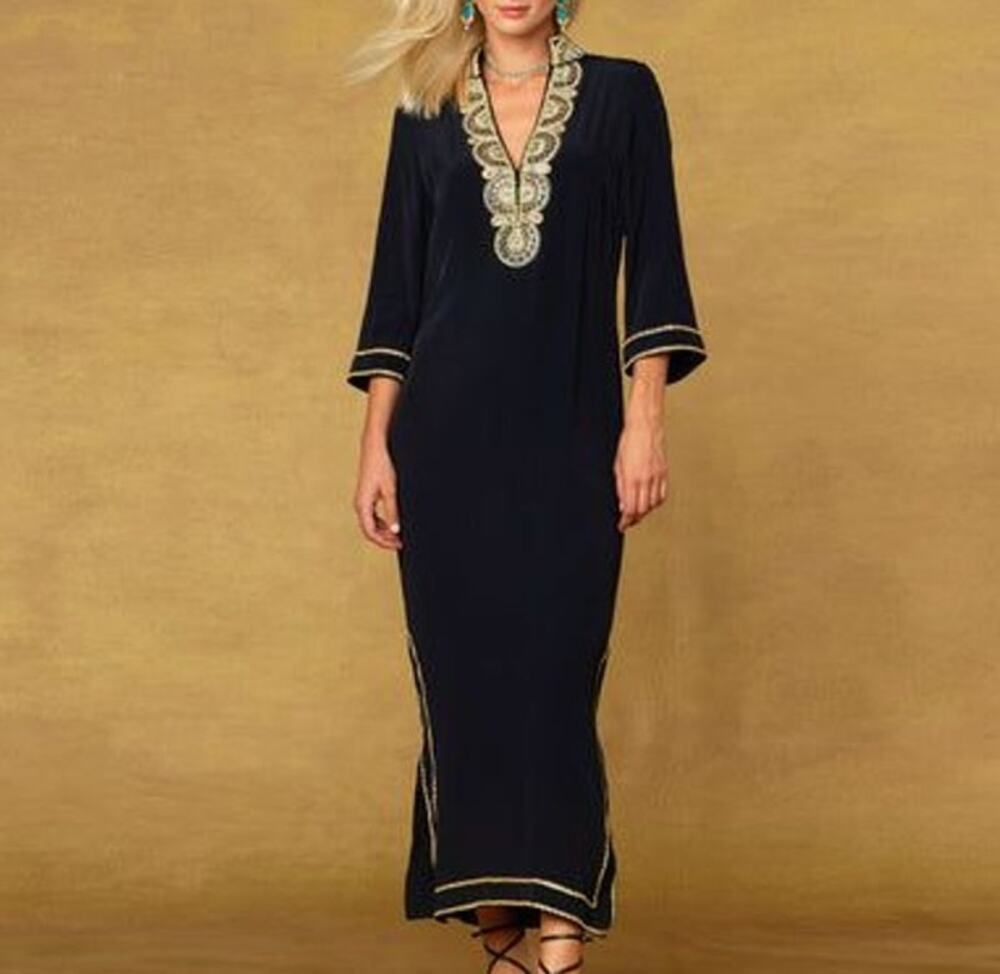 Nicoblu Noor Long Black Tunic Dress with Gold Embellishment size 2X Beaded Boho